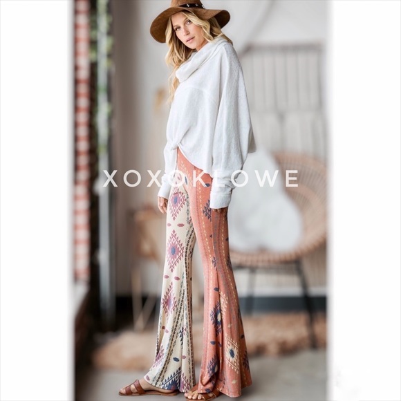 Aztec Print Half & Half Bell Bottom Flares High Waist Slim Fit - Picture 8 of 15